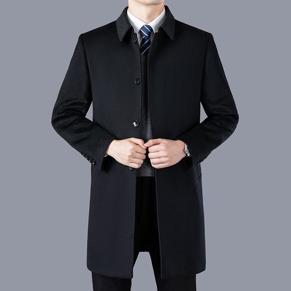 

men's wool blends autumn and winter middleaged and elderly cashmere coats men's wool lapel trench coat men's woolen overcoat, Black