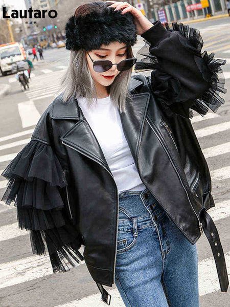 

lautaro autumn short black oversized lace patchwork leather biker jacket long sleeve loose ladies clothing fashionable outerwear j220727