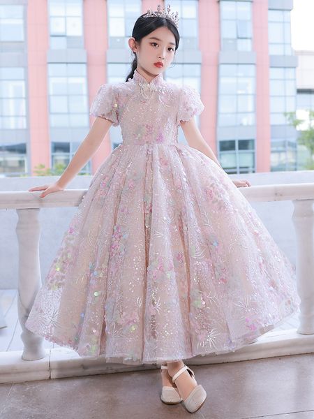 

pink flower girl dresses with lace appliques illusion long sequined girls pageant dress kids birthday gowns for p shoot prom gown, White;blue