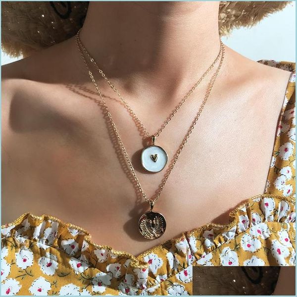 

pendant necklaces korean harajuku sweet heart circle enamel necklace creative round carved leaves double layer for women nice gift d dhhsz, Silver