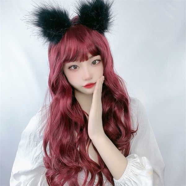 

women's hair wigs lace synthetic wig korean air bangs long curly hair big wave chemical fiber headgear female strength, Black