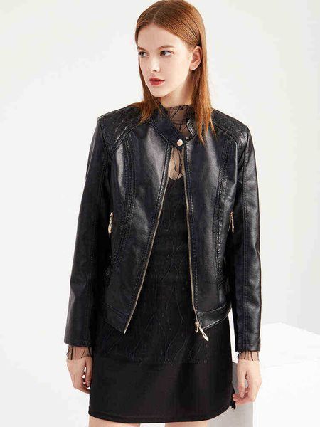 

ailegogo streetwear female slim black faux leather short jacket spring autumn moto biker zipper women pu jacket ladies runaway j220727
