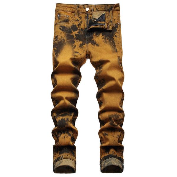 

men's jeans men tie and dye stretch denim jeans slim straight leg fit pants streetwear trousers t221102, Blue