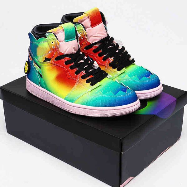 

shoes jumpman 1 pink classical jbalvin 1s joint smiling face rainbow tie-dye designer fashion sport shoe