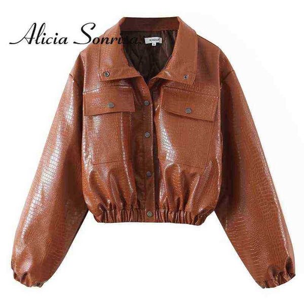 

2022 spring women short loose punk motorcycle snake pu solid brown casual leather jacket long sleeve biker jacket 2 pockets j220727, Black