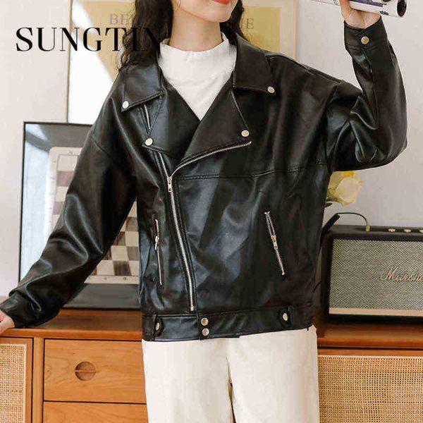 

sungtin black faux leather jacket women 2022 oversized boyfriend style pu biker jackets motorcycle cool punk winter jacket femme j220727