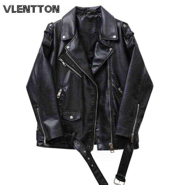 

2022 spring autumn women fashion pu imitation leather loose zipper jacket female belt pocket solid simple casual j220727, Black