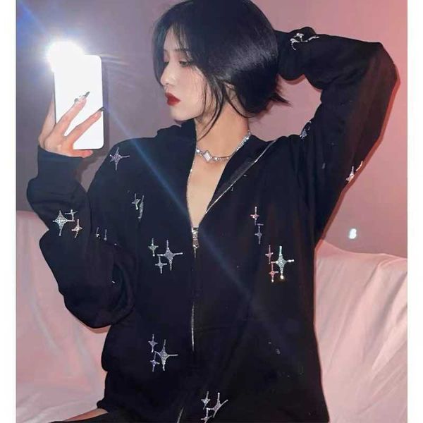 

men's hoodies sweatshirts y2k gothic sweatshirt rhinestone 2021 zipper grunge clothes star brick harajuku punk oversized hoodies retro, Black