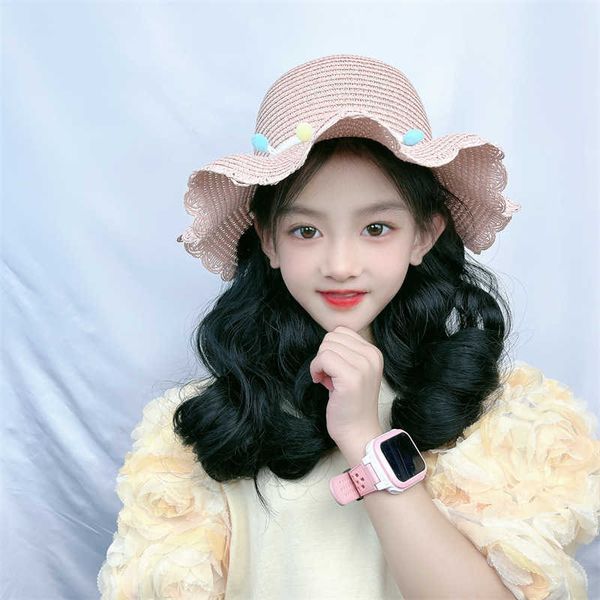 

women's hair wigs lace synthetic girl's sunscreen hat non detachable curly hair net red same style medium long wig head cover, Black