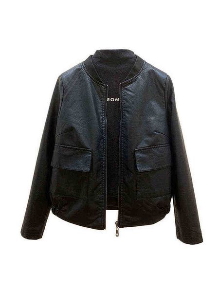 

fitaylor new spring autumn women casual loose long sleeves solid short jacket fashion oneck zipper long pu leather jacket j220727, Black