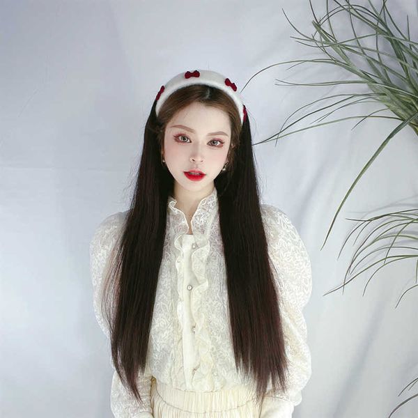 

women's hair wigs lace synthetic female hoop black long straight net red belt goods tracel simulation hair u-shaped wig head cover