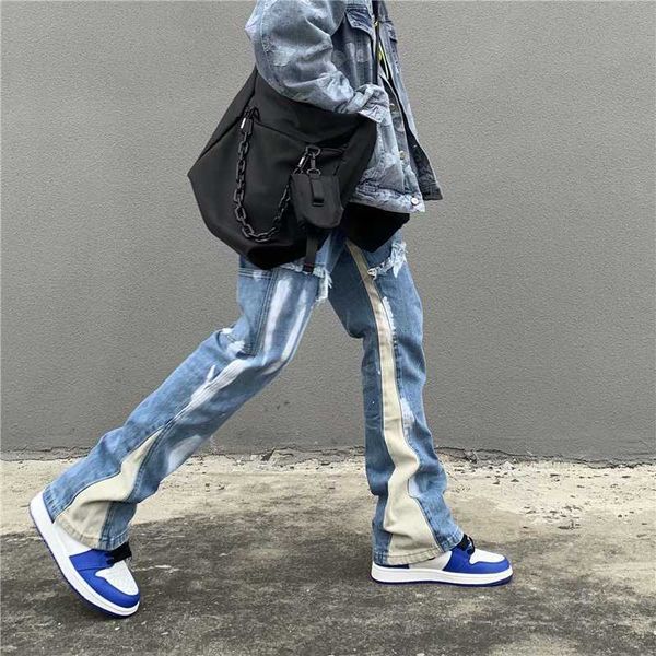 

men's jeans 2022 vibe style patchwork washed baggy men flare jeans pants color block straight loose vintage denim trousers pantnes homb, Blue