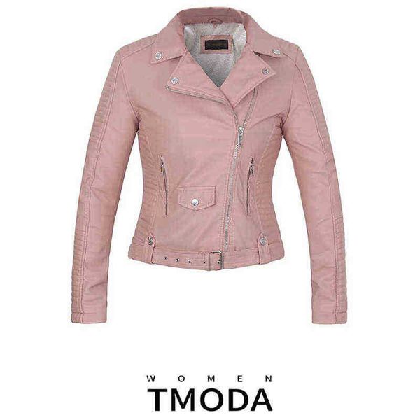 

tmoda269 2022 new autumn witner women motorcycle faux pu leather pink jackets lady biker outerwear jacket with velvet inner j220727, Black