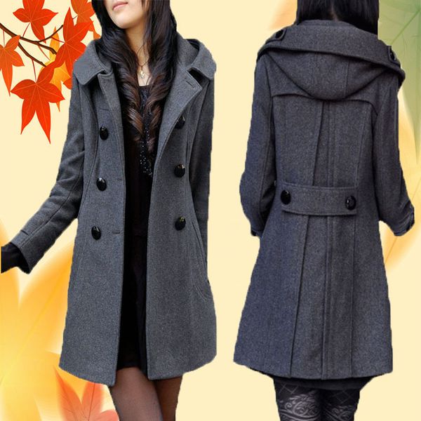

women's wool blends women's autumn and winter mid-length double-breasted hooded coat plus fat thick woolen size windbreaker 221114, Black