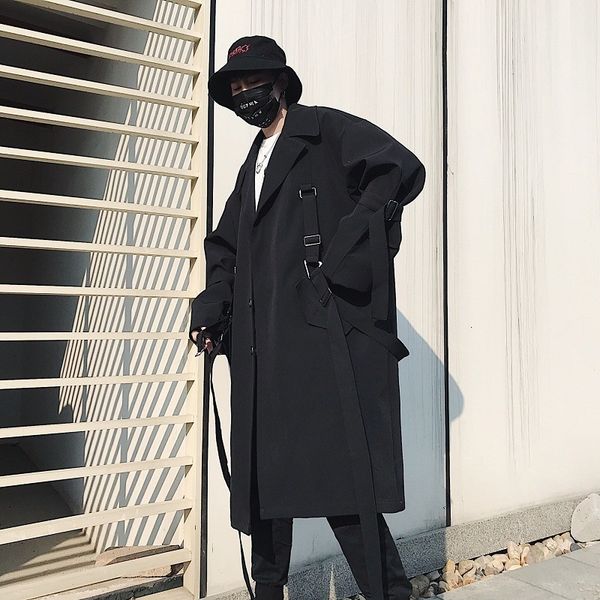 

men's wool blends gothic dark men's loose midlength irregular tie coat asymmetric oversize profile windbreaker 221014, Black