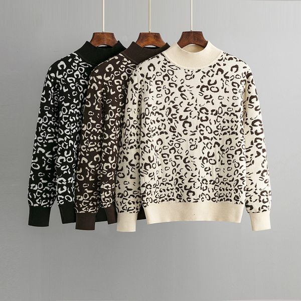 

women's sweaters fashion women autumn winter pulls leopard print sweater streetwear slim mock neck long sleeve knitting pullover 22111, White;black