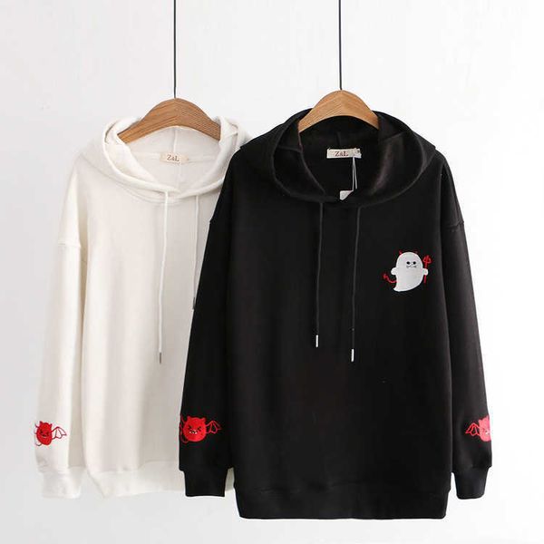 

women's hoodies sweatshirts sen girls' sweet autumn and winter cute devil embroidery loose, Black