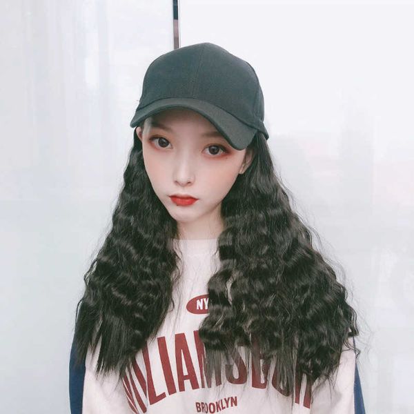 

women's hair wigs lace synthetic hat integrated female medium adjustable natural simulation net red long curly hair wig, Black
