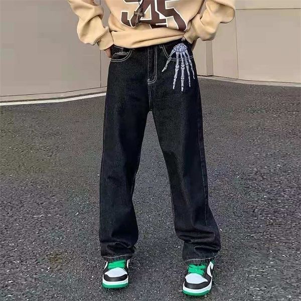 

mens jeans retro skull hand bone embroidery washed pants vibe style straight casual oversize denin trousers streetwear 221113, Blue