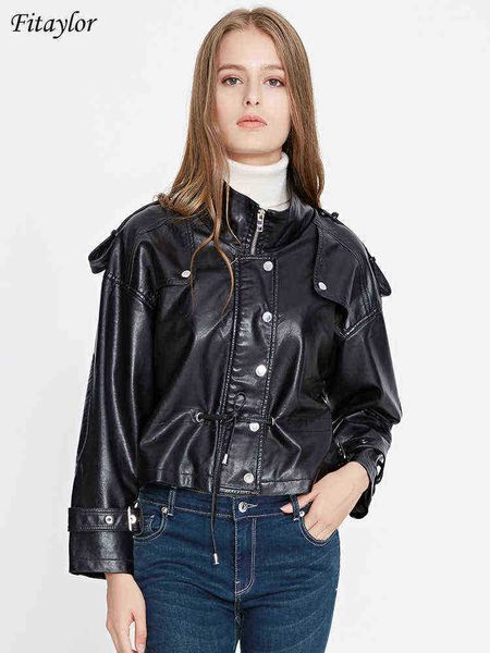 

fitaylor spring autumn women loose pu faux soft leather short jacket retro female moto biker batwing sleeves jacket ladies runaway j220727, Black