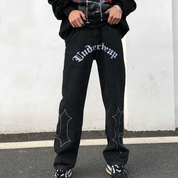 

men's jeans harajuku casual jeans men retro letter embroidery pattern washed ripped denim pants straight baggy trousers black streetwea, Blue