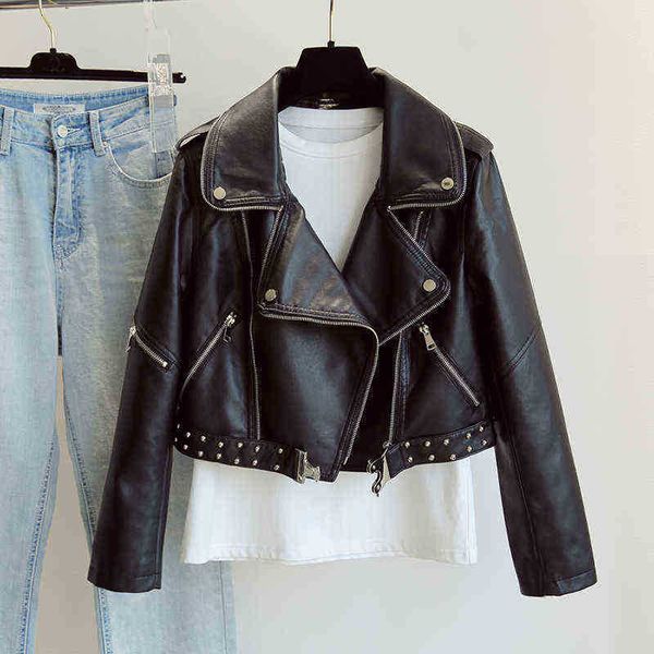 

ftlzz spring autumn rivet design soft faux leather jacket women moto bike pu leather jacket street punk rut pu basic rut j220727, Black