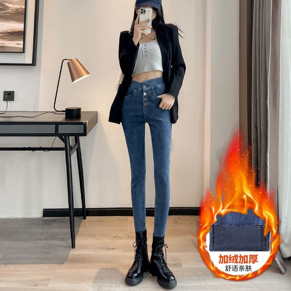 

winter fleece skinny women jeans stretch y2k denim pant lady clothes girls tight trousers butt lift warm streetwear, Blue