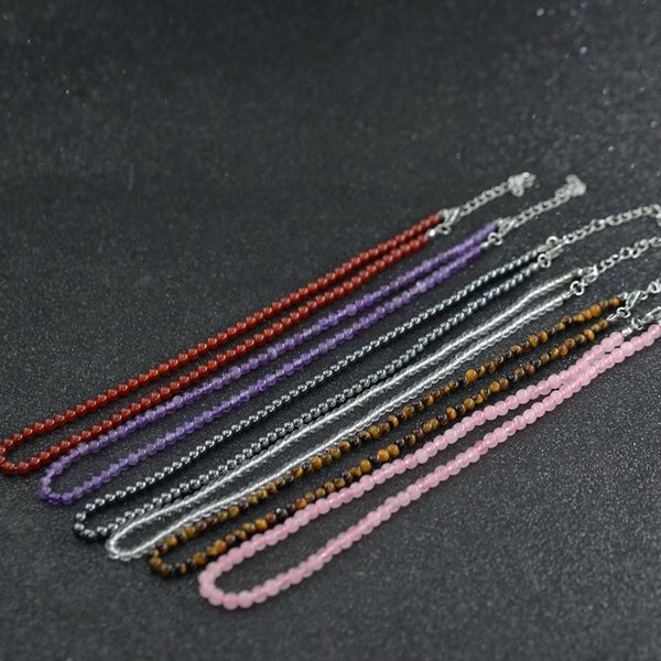 

4mm semi-precious gemstone beaded choker necklace collar for women natural stone tiger eye jade quartz amethyst necklaces fine jewelry, Golden;silver