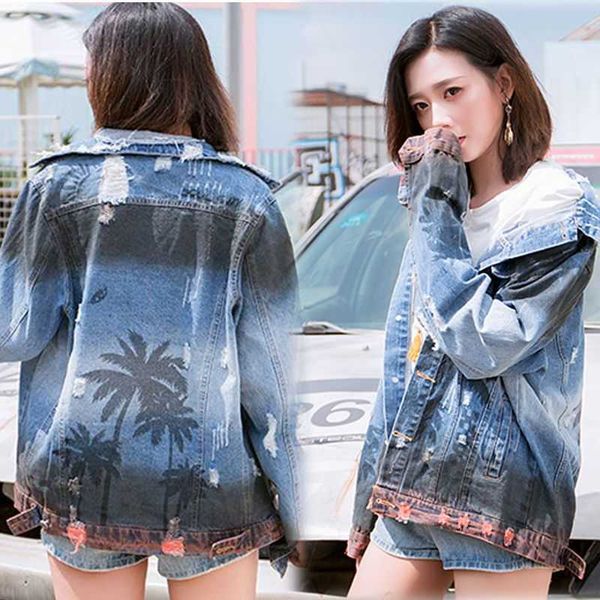 

men designer coats amri fashion jackets a star with holes same style gradually changed coconut tree print denim jacket loose and versatile, Black;brown