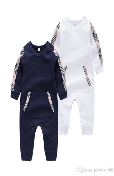 

cotton romper 2020 ins new arrivals spring baby kids climbing cotton long sleeve plaid lace pocket romper 2 colors fr2161482, Blue