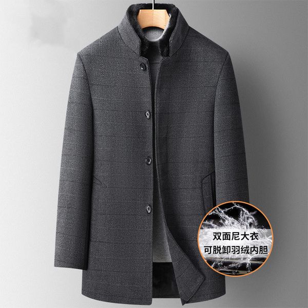 

men's wool blends removable men's down winter liner woolen coats plaid cashmere warm jacket stand collar wool overcoat male korean, Black