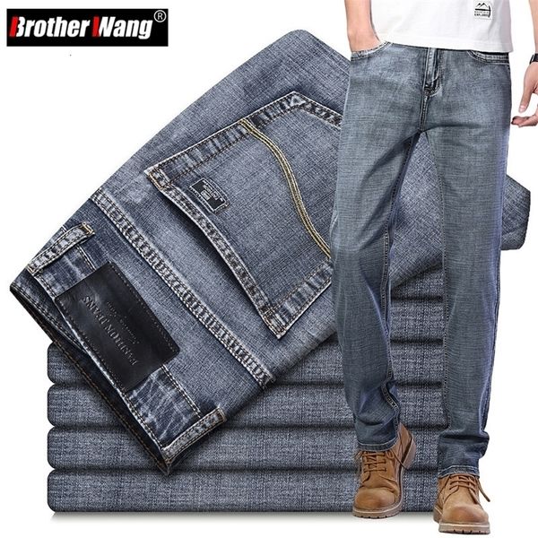 

mens jeans classic style business casual advanced stretch regular fit denim trousers grey blue pants male 221113