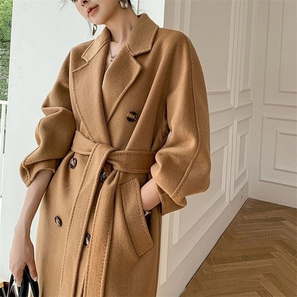 

womens wool blends autumn and winter cashmere wool coat womens long mm 221113, Black
