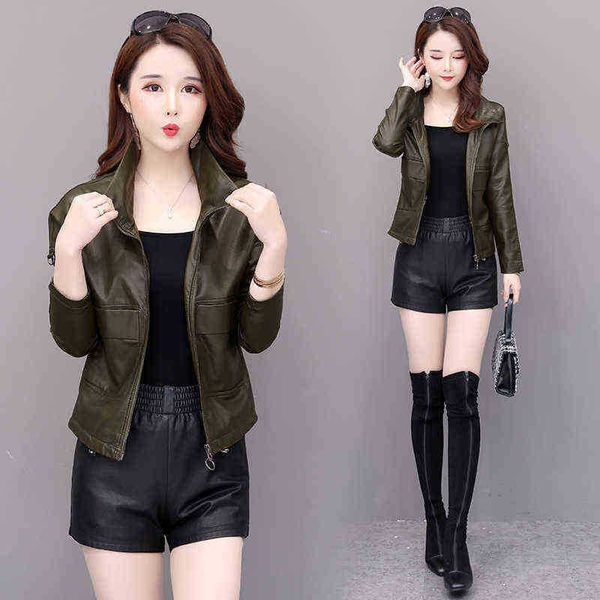 

spring jacket ladies pu leather jacket short fall zipper jacket locomotive leather small suit faux leather slim black dark gre j220727