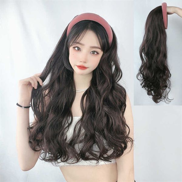 

women's hair wigs lace synthetic summer band wig one net red fashion wool curly long hair half cap, Black