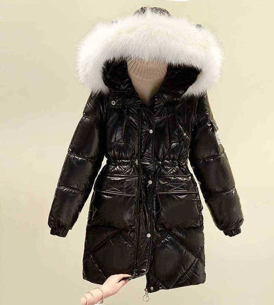 

2022 new waterproof glossy disposable quilted jacket women harajuku loose down quilted jacket new large size fur collar long parka j220727, Black
