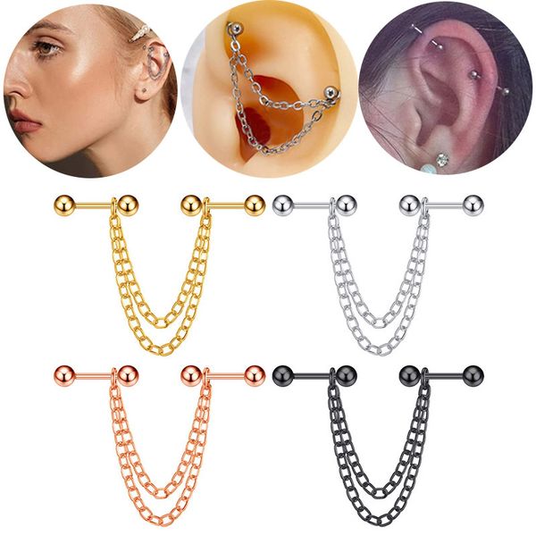 

surgical steel stud earrings with chain for women men ear piercing bar cartilage tragus helix daith fashion body jewelry, Golden;silver