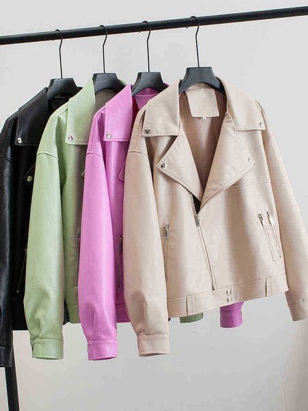 

ftlzz spring autumn casual leather jacket women faux leather zip up biker coat windbreaker loose jackets motorcycle outwear j220727, Black