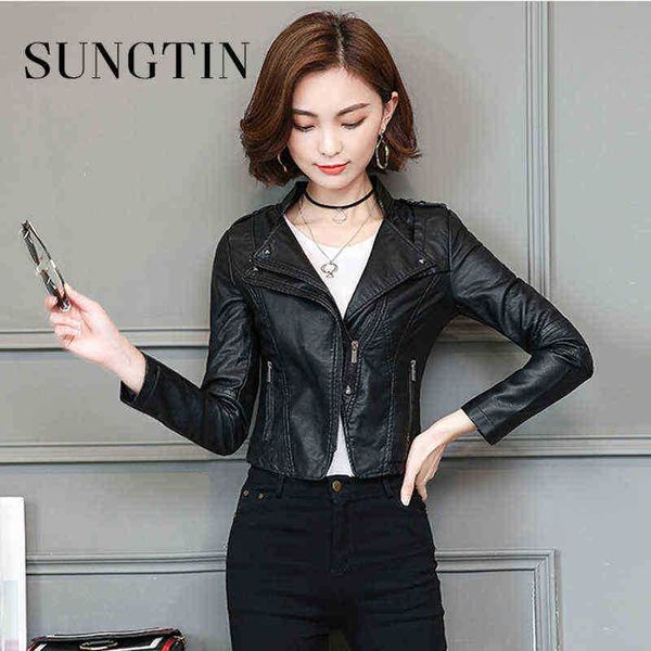

sungtin new design women slim cropped faux leather jacket fashion punk rivet zipper turndown collar motorcycle jacket jackets j220727, Black
