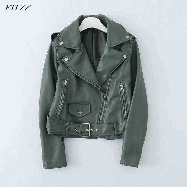 

ftlzz spring autumn lapel faux soft leather short jacket women locomotive style pu leather coat biker green outfit with belt j220727, Black