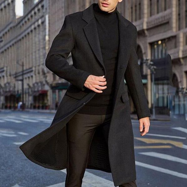 

men's wool blends autumn winter mens wool coat solid long sleeve woolen jackets fleece men overcoat streetwear fashion long trench coat, Black