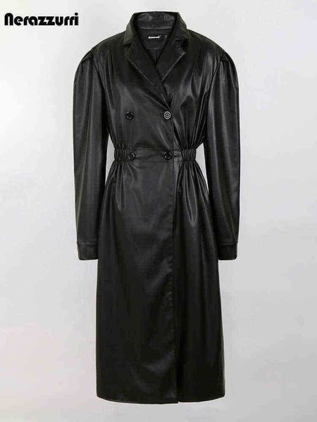 

nerazzurri spring autumn long black leather trench coat for women puff sleeve elastic waist double breasted elegant fashion 2022 j220727