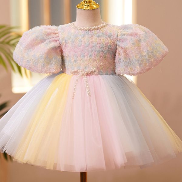 

2023 pink beaded ball gown girls pageant dresses flowers beaded princess colorful flower girl dress sequined satin appliqued first communion, White;blue
