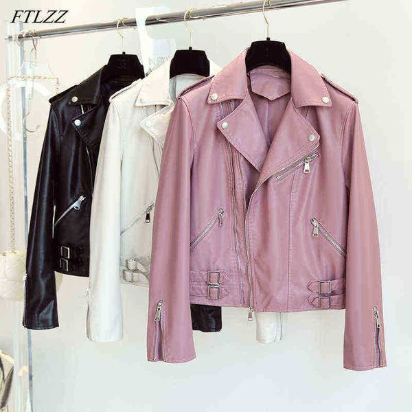 

ftlzz spring autumn locomotive style faux leather jacket women lapel soft pu leather short jacket biker zipper outfit female chic j220727, Black