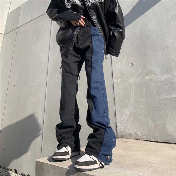 

men's jeans 2022 new arrivals color block patchwork men baggy jeans flare pants hip hop straight loose casual women denim trousers pant, Blue
