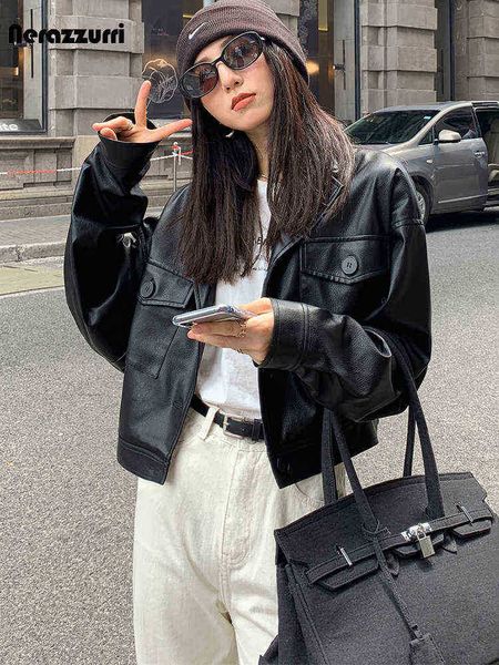 

nerazzurri autumn short light soft black leather jacket women drop shoulder long sleeves pockets buttons cool korean fashion 2021 j220727