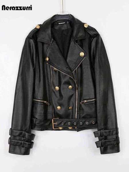 

nerazzurri spring autumn black faux leather biker jacket women gold buttons zipper long sleeve belt luxury elegant fashion 2022 j220727