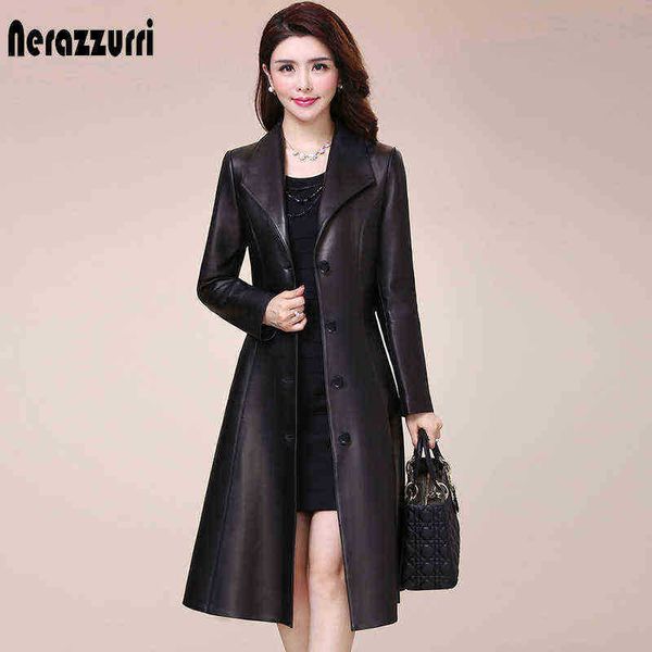 

nerazzurri spring autumn long black soft faux leather jacket women long sleeve buttons slim fit elegant leather jacket women 2021 j220727