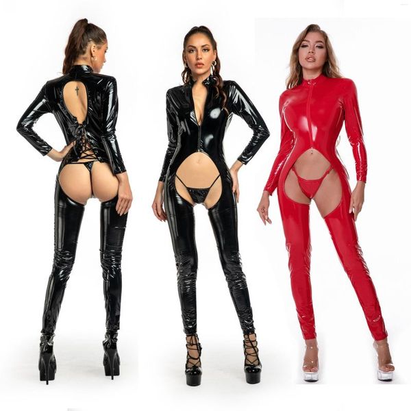 

catsuit costumes women hollow out latex pvc faux leather wetlook jumpsuit exotic costume lingerie pu bodysuit clubwear overalls, Black