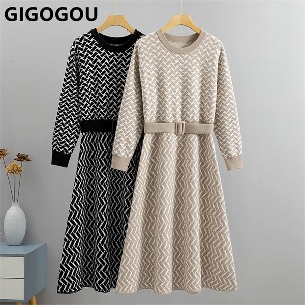 

party dresses gigogou luxury jacquard women long knit sweater chic autumn winter a line with belt pleated maxi midi 221113, White;black